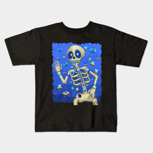 The Blue Butterfly Dreamer Skeleton - Día De Los Muertos - Butterfly lover Kids T-Shirt by Scriptnbones